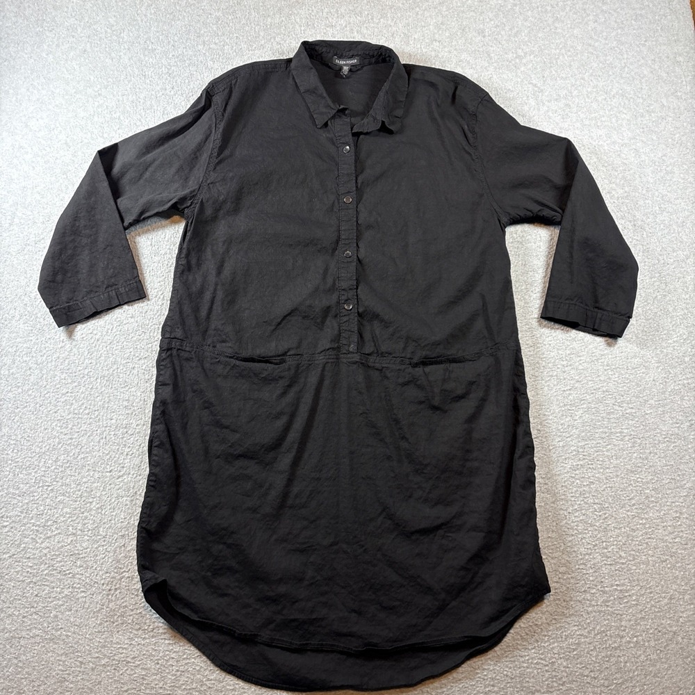 Eileen Fisher Black Shirt Dress Sz M Linen Viscose Modern Casual 34460